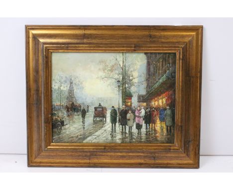 Impressionist school, view of old Paris with figures, horse and carriage at dusk, oil on panel, 28.5 x 38.5cm, framed