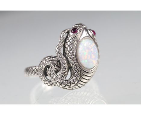 Silver snake ring with ruby eyes 