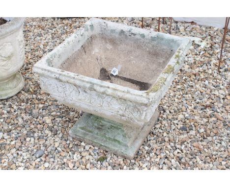 Large footed square stone planter with tiered base, H 45cm, W 52cm