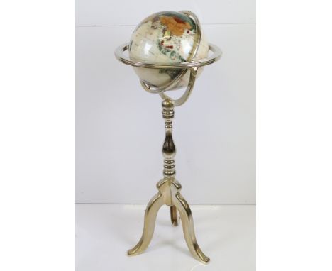 Large floor standing semi precious gemstone globe on brass tripod base, with removable section between globe and base, talles