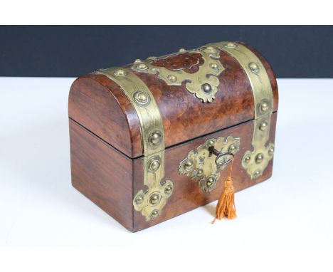 Late 19th Century Victorian burr walnut dome topped two-section tea caddy in the form of a chest with inner lids, brass detai