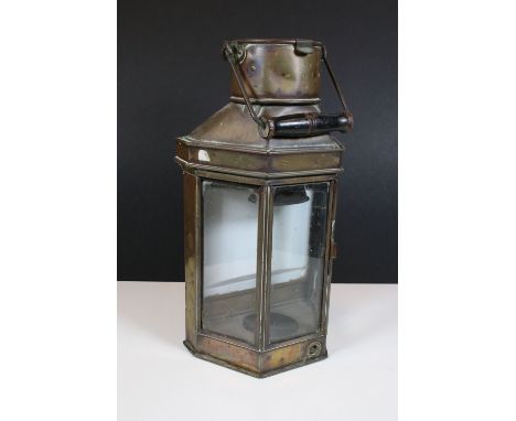 WW1 Brass trench / wardroom lamp by Eli Griffiths &amp; Sons 1916, with wooden handle and glass panels, marked 'E.G &amp; S 1