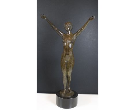 Patinated bronze figure attributed to Paul Aichle (German 1859-1910) depicting a nude lady with arms outstretched, C.1900 mou