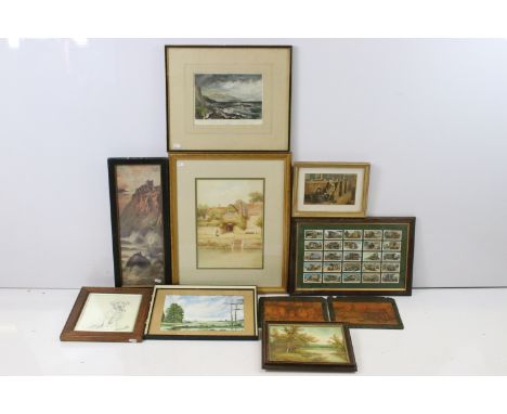 Quantity of pictures to include a house and river scene print by H.English, H 34.5cm x W 24cm, castle on cliff bird scene pri