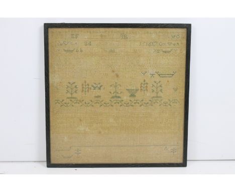 Victorian needlework square sampler in neutral tones with alphabet, verse and plant detail, dated around 1847, H 41 cm x W 40