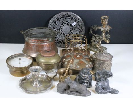 Collection of metalware to include small copper cauldron, late 19th Century barometer, brass pestle and mortar, brass letter 