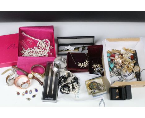 A small collection of vintage and contemporary costume jewellery to include silver examples together with a selection of pens
