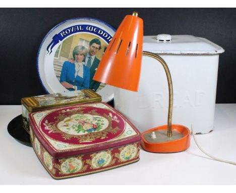 Collection of tins and mixed collectables including French blue and white enamel bread bin, Peek Frean &amp; Co Ltd tin, 3 x 
