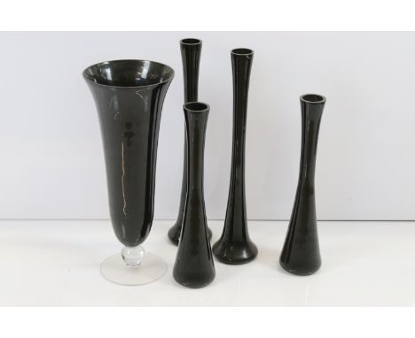 Group of tall black glass abstract fluted vases, tallest measures H 60cm