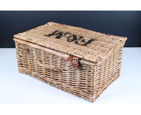 Fortnum &amp; Mason wicker basket or picnic hamper with leather fastenings, 41cm wide