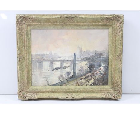 Impressionist school, extensive cityscape view - barges on the river by the embankment, oil on board, 29 x 39.5cm, gilt frame