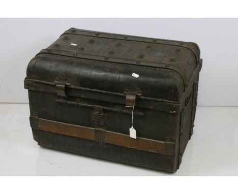 Metal campaign steamer travelling trunk with metal handles and rivet detailing, measures 61cm long