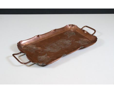Antique Early 20th Century WMF (Württembergische Metallwarenfabrik) Art Nouveau Arts &amp; Crafts two-handled copper tray wit