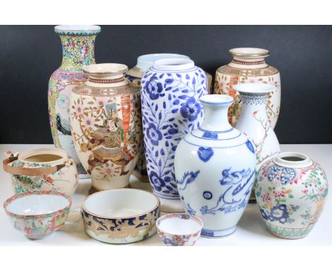 Quantity of Oriental style vases to include a famille Rose and dog panelled hexagonal example together with teapots, cups, la