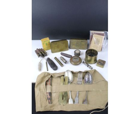 A collection of mixed military collectables to include a Christmas 1914 Princess Mary gift tin, jack knife, trench art, Germa