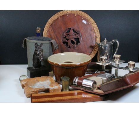 Collection of mixed collectables to include wooden horse head statue figure, Echt Teakholz modernist candlesticks, glass pape