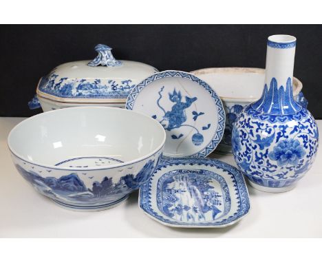 Collection of mixed Chinese blue and white ceramics to include bottle vase, large bowl with six character mark, large tureen,