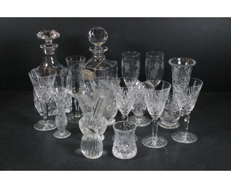 Large quantity of glass to include crystal decanters, Royal Doulton wine glasses, Waterford Marquis bowl and vase, champagne 