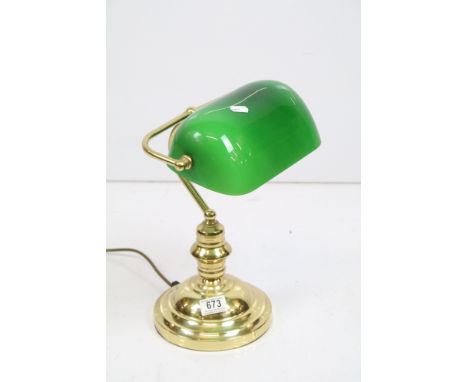 Early 20th Century style bankers lamp with green glass pivoting shade, measures approx 37cm tall