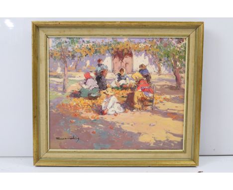 Impressionist school, Continental scene with women fruit pickers and a child, oil on canvas, indistinctly signed lower left, 