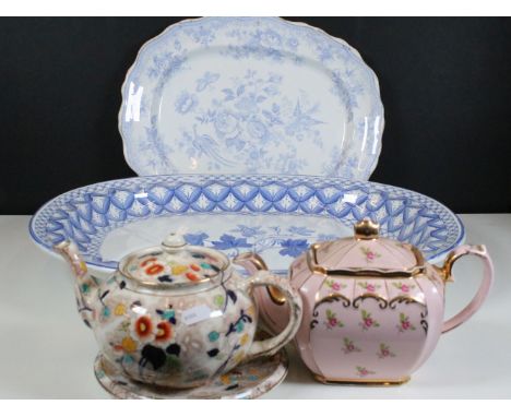 Spode blue and white meat dish with floral spray to centre and geometric borders, 52.45cm long, a Thomas Booth &amp; Sons blu