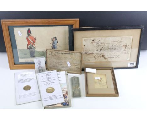A group of military collectables to include framed and glazed ephemera, medallions, infantry rounds, epaulette and CDV.