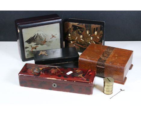 Collection of oriental lacquerware and wooden boxes to include red lacquered long trinket box, black lacquered box with Japan