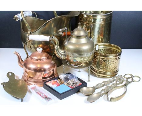 Collection of copper and brassware to include brass coal scuttle, brass stove kettle, copper teapot with white enamel handle,