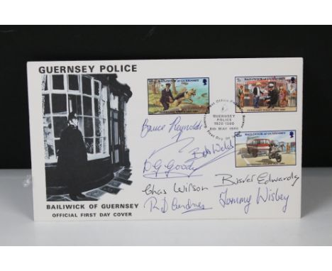 A Bailiwick of Guernsey Police first day cover signed by seven of the Great Train Robbers to include Bruce Reynolds, Bob Weld