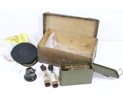 Wooden vintage laundry lidded box containing post WWII military items to include two inert mortar rounds, ammunition box, hor