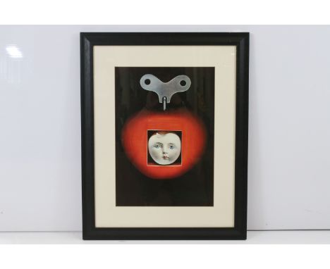 Sam Haskins (British, 1929 - 2009), modern art poster with a face emerging from a clockwork apple, 46.5 x 33cm, framed and gl