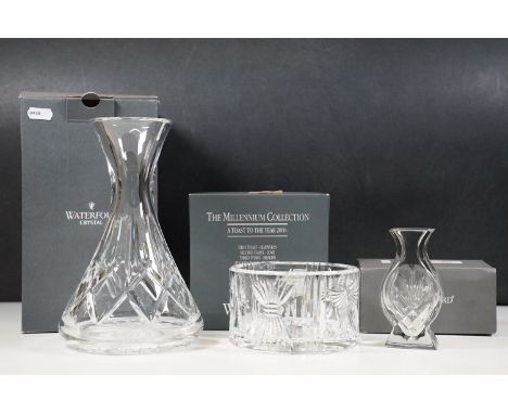 Waterford Crystal 'Mourne' carafe together with a Millennium collection champagne bottle coaster and an 'Athens' posy vase (3