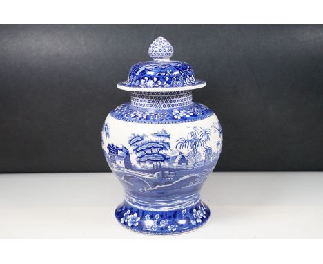 Spode 'Blue Tower' pattern (From a design c.1814) large lidded blue and white ginger jar, H 33cm