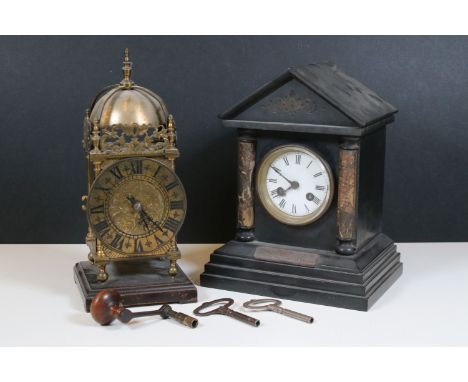 Late 19th century Victorian black slate and marble mantle clock, with copper plaque to base 'Presented to the Rev. Henry D. M