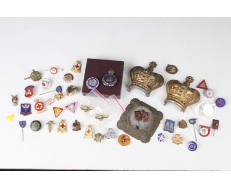 A small collection of badges together with a fully hallmarked medallion and a 1953 coronation crown ornament. 