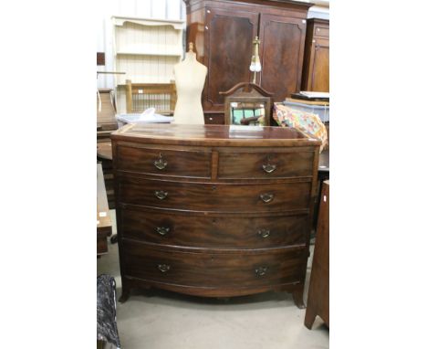 19th century bow fronted chest of drawers with satin wood inlay to top, comprising of two short and three long drawers with d