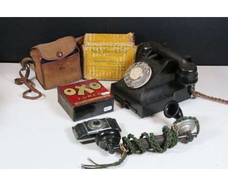 Quantity of telephones and cameras to include cased Kodak Brownie, boxed Kodak Film No.2 Hawk-Eye, Kodak Bantam, Sandown blac