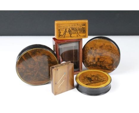 A group of mixed collectables to include three antique lacquered papier mache snuff boxes, wooden vesta case and a wooden pil