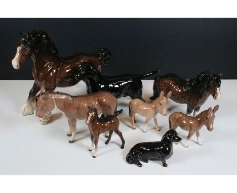 Group of Beswick figurines to include Shetland pony, Shire horse, foal, donkeys, black Labrador and Dachshund examples (8)