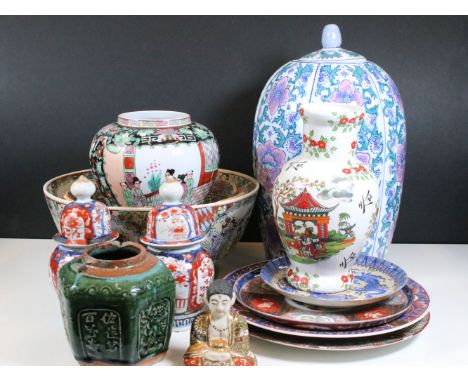 Assortment of Chinese and Japanese ceramics to include Imari pattern plates and jars, green glaze character vase, large flora
