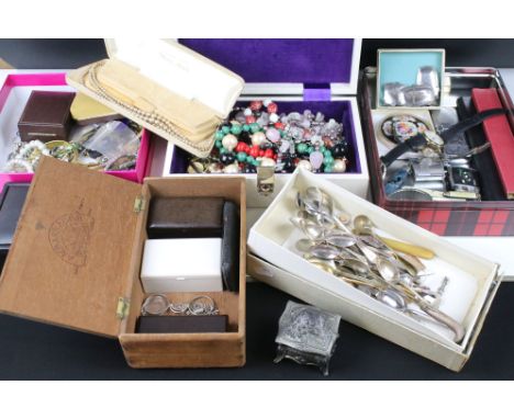 A box of mixed collectables to include costume jewellery, pocket lighters, penknives, razors, watches....etc..