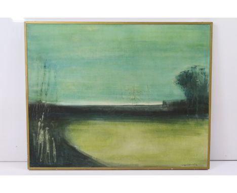 Lindsell Stewart (South African, b. 1923), extensive Surrealist landscape with figures, oil on canvas, 59.5 x 75cm, framed