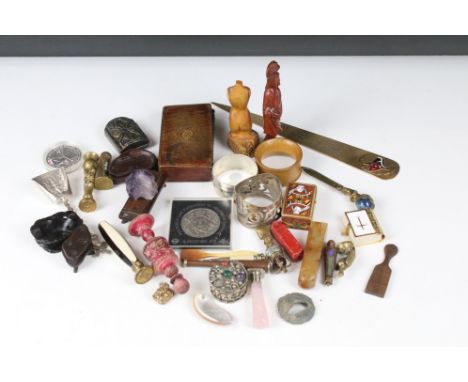 A group of mixed collectables to include wax seals, pill boxes, coins, napkin rings....etc..