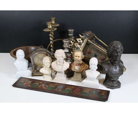 Collection of mixed collectables to include Willis Music Co head busts, brass Middle Eastern lampshade, bust of Mozart, metal