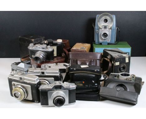 Collection of various cameras to include boxed Vorsatz Dispositif Attachment, Kodak Brownie Flash B Camera, All-Distance Ensi