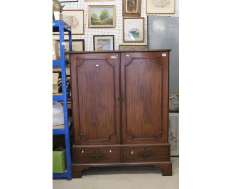 Early 20th century mahogany low height wardrobe with double doors and two lower drawers, H 147cm, W 113cm, D53cm