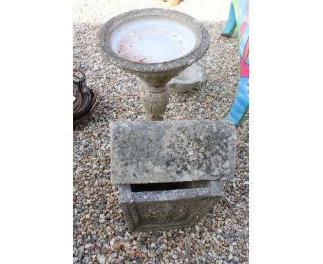 Reconstituted stone ornate scroll detail bird bath together with a tapered square planter with feather crest detail and a roo