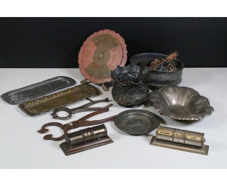 Liberty &amp; Co English pewter small rectangular tray, '01641', 23.5 x 8cm, three pairs of sugar loaf cutters, a 1926 to 200