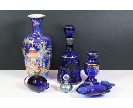 Carlton Ware W&amp;R Persian lustre vase together with a group of blue glass to include a small fish dish, bell shaped decant