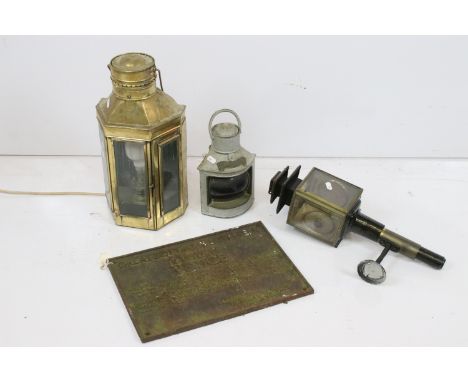 Early 20th century large brass and glass bulkhead lantern lamp, H 43cm, together with a Starboard maritime ships lantern, car